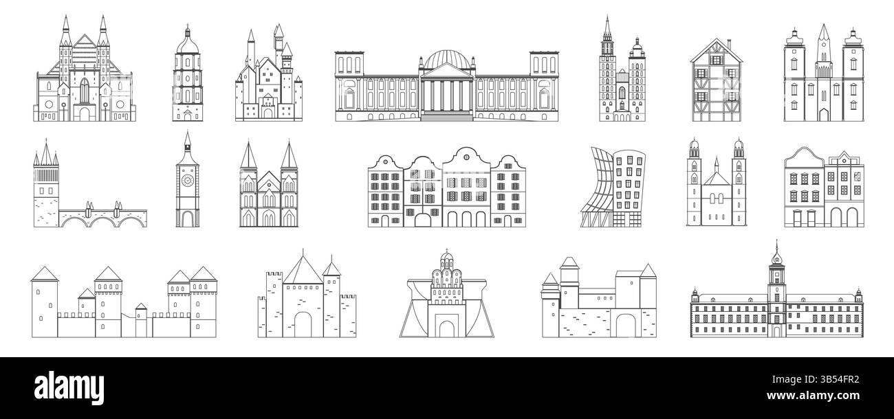 Insieme di famosi stili architettonici europei, tra cui castelli, chiese, vecchie case cittadine ed edifici moderni. Rappresenta la storia regionale e l'eredità progettuale, illustra l'illustrazione vettoriale. Illustrazione Vettoriale