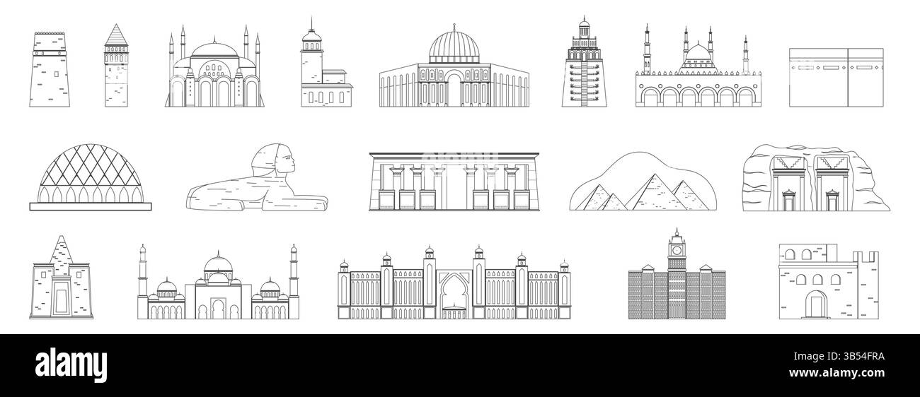 Costeggia gli edifici storici e culturali del Medio Oriente e dell'antico Egitto, tra cui moschee, piramidi, templi e torri. Il patrimonio architettonico e religioso delinea l'illustrazione vettoriale. Illustrazione Vettoriale