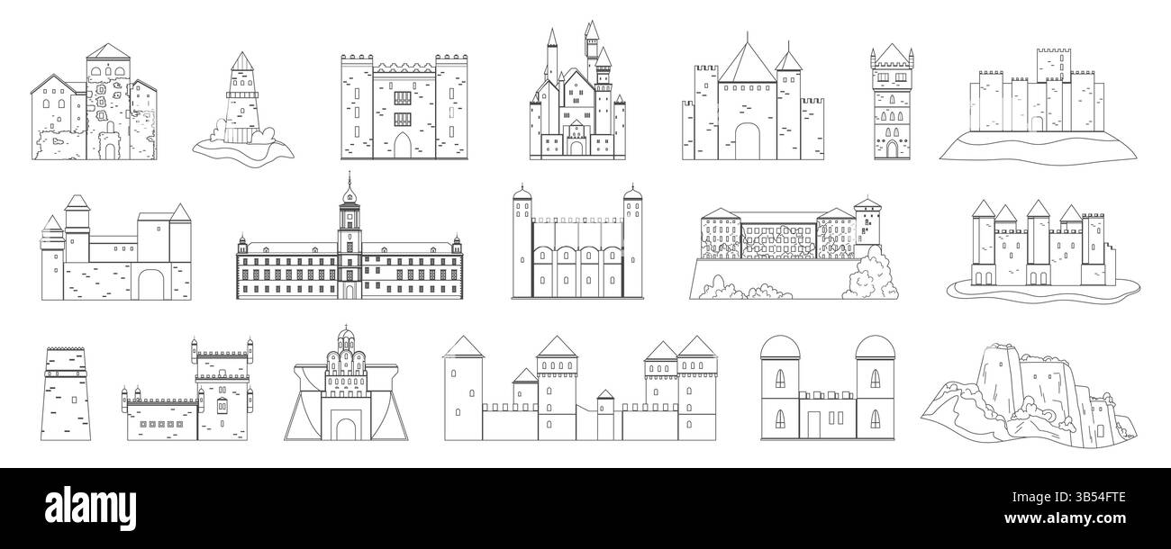 Una ricca serie di castelli storici ed edifici fortificati di varie regioni, tra cui torri, roccaforti e strutture in pietra. Evidenzia l'architettura di difesa delinea l'illustrazione vettoriale. Illustrazione Vettoriale