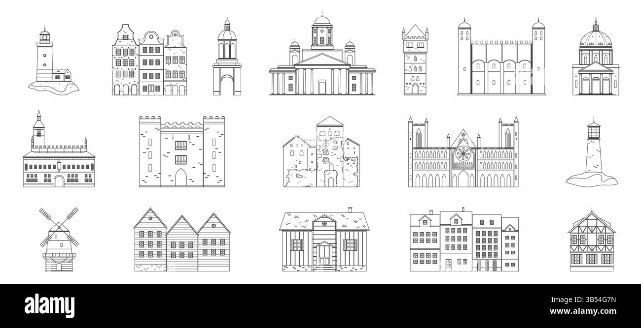 I tradizionali edifici iconici si affacciano sulle regioni scandinave e nordiche, tra cui fari, castelli, chiese e case in legno. Illustrazione vettoriale dell'identità architettonica regionale. Illustrazione Vettoriale