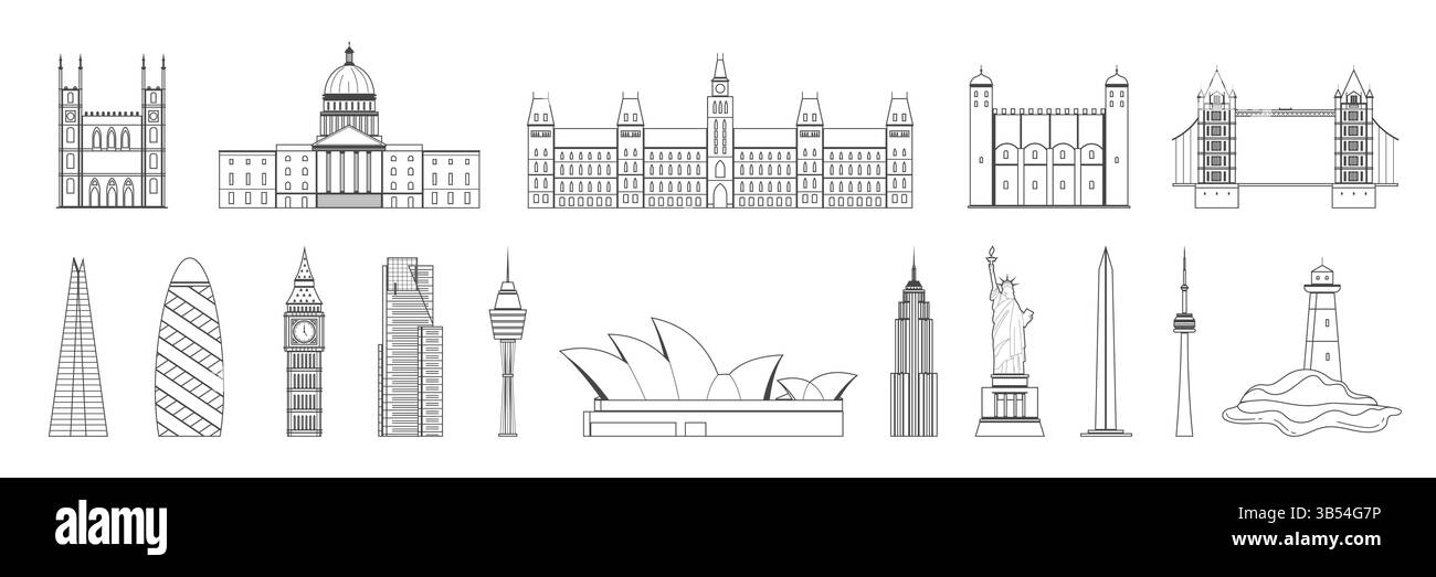 Delineare una serie di monumenti architettonici iconici provenienti da grattacieli e torri di Stati Uniti, Regno Unito, Canada e Australia, ponti, siti culturali. Evidenzia l'illustrazione vettoriale di linee di architettura moderna e storica. Illustrazione Vettoriale