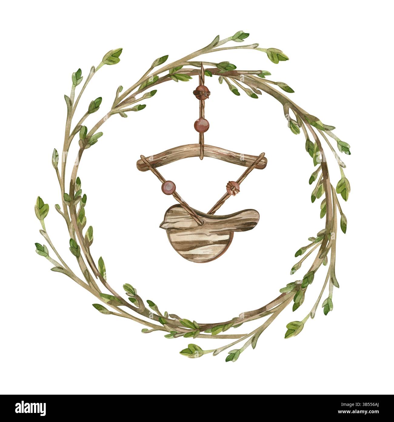 Corona primaverile, giovani germogli di albero con gemme raccolte in una corona, un ciondolo a forma di uccello in legno. Tutti gli oggetti sono disegnati a mano con Foto Stock