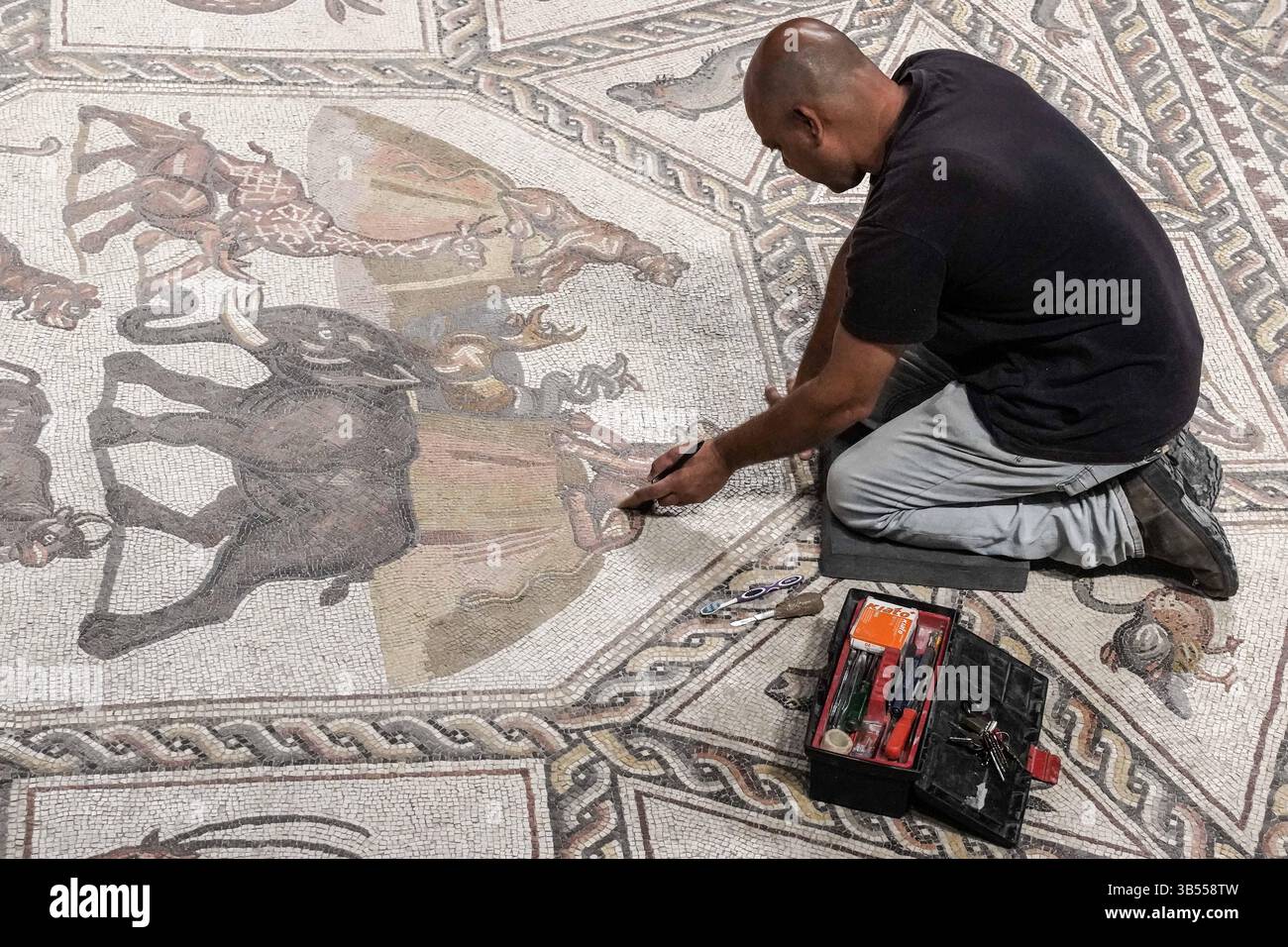 27 giugno 2022, Lod, Israele: I lavoratori conducono operazioni di pulizia all'ultimo minuto prima che l'Autorità delle Antichità israeliana inauguri il Centro Archeologico del mosaico di Shelby White e Leon Levy Lod. L'obiettivo del centerÂ è quello di esporre un mosaico di 1.710 piedi quadrati di epoca romana (dal III al IV secolo d.C.) che serviva come pavimento di una villa da soggiorno in un ricco complesso abitativo di Lod. Il mosaico, ritenuto dagli archeologi straordinario per la sua qualità, il suo soggetto raffigurato e la sua conservazione, viene definito un gioiello archeologico con immagini di mammiferi, uccelli, pesci, piante varie e antiche navi depiche Foto Stock