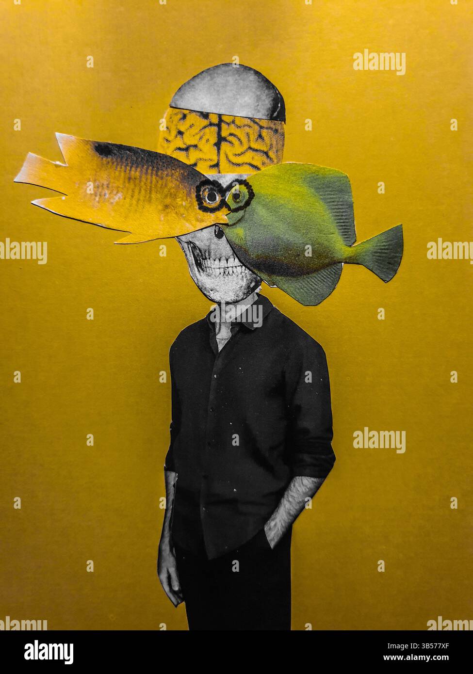 Collage concettuale di un uomo con occhi di pesce, cranio e cervello sovradimensionato Foto Stock