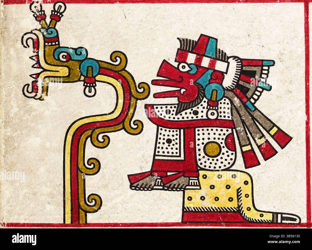 Quetzalcoatl nelle sue due forme; come serpente piumato a sinistra e Ehecatl il dio del vento a destra. Come raffigurato nel Codex Laud. Foto Stock