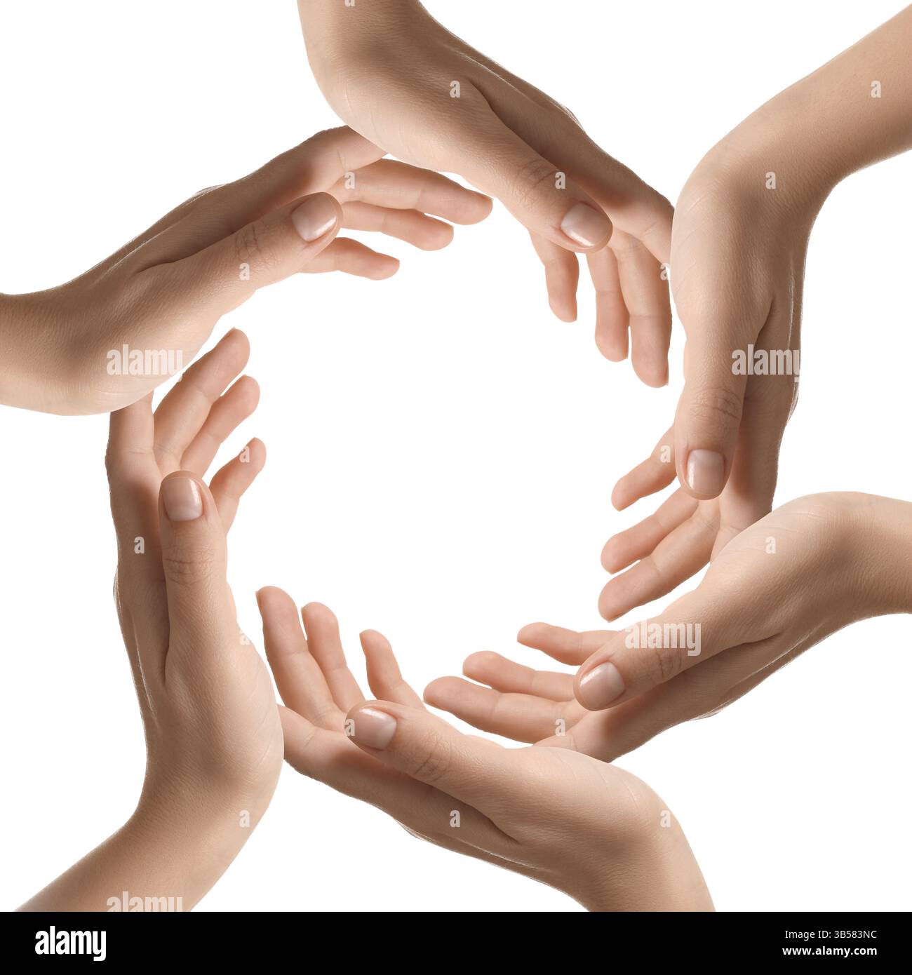 Fare un cerchio di mani umane su sfondo bianco. Unità, partenariato, cooperazione Foto Stock