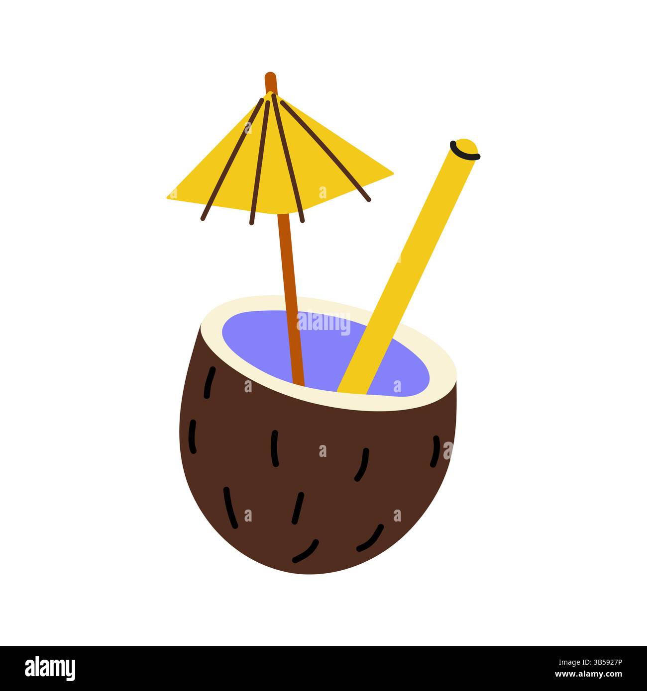 Sorseggiando una bevanda fresca al cocco su una spiaggia soleggiata con un ombrellone colorato e paglia Illustrazione Vettoriale