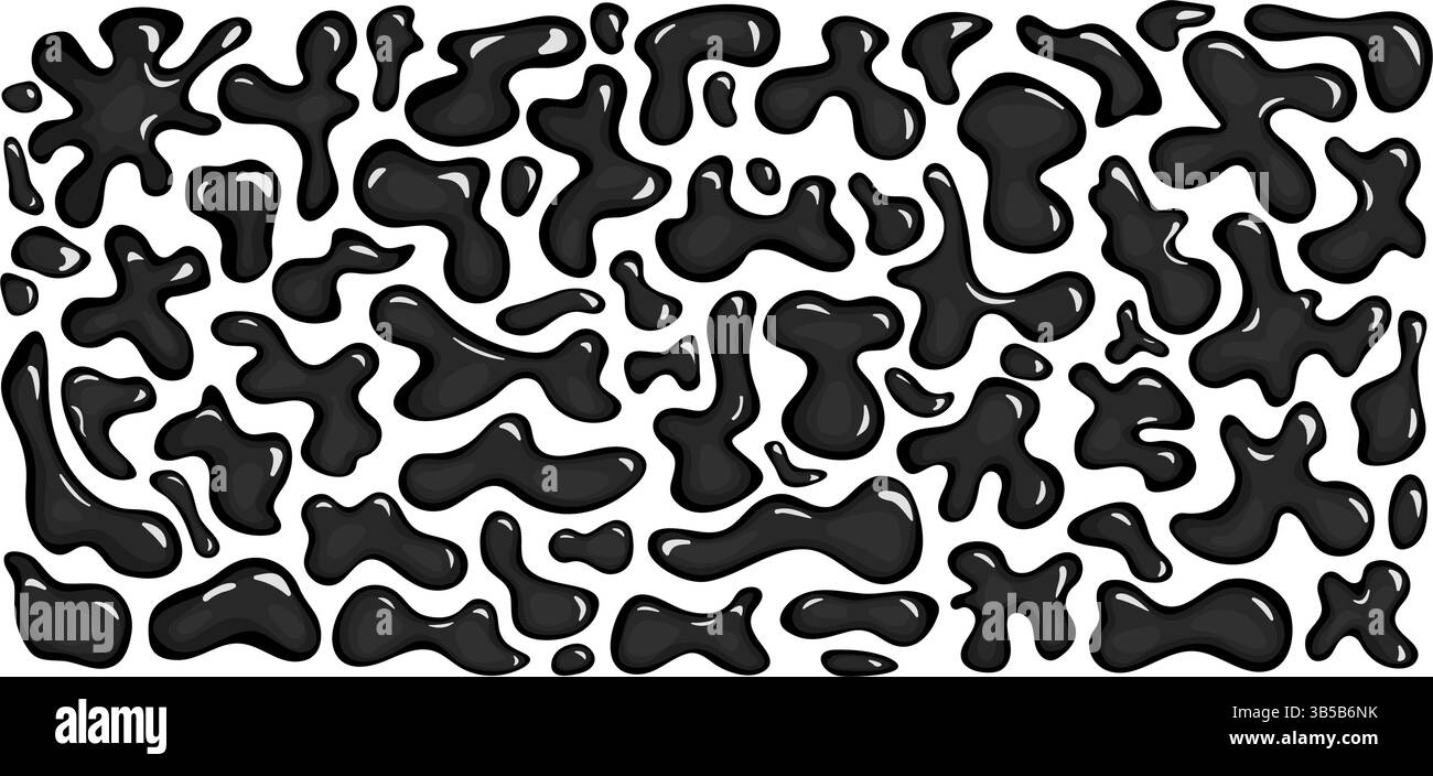 Liquidi neri lucidi, goccioline. Pacchetto di bolle monocromatiche y2k con effetto Light 3D. Sfondo scuro con bolle di fluido psichedelico. Set di Illustrazione Vettoriale