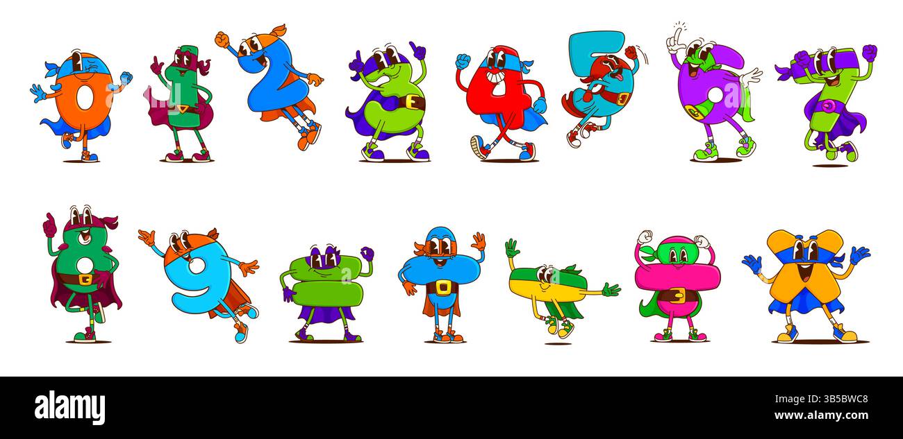 Numeri matematici cartoni animati personaggi da supereroi con volti divertenti, numeri vettoriali. Numeri da brivido nelle maschere e nelle maschere dei supereroi con un debole Illustrazione Vettoriale