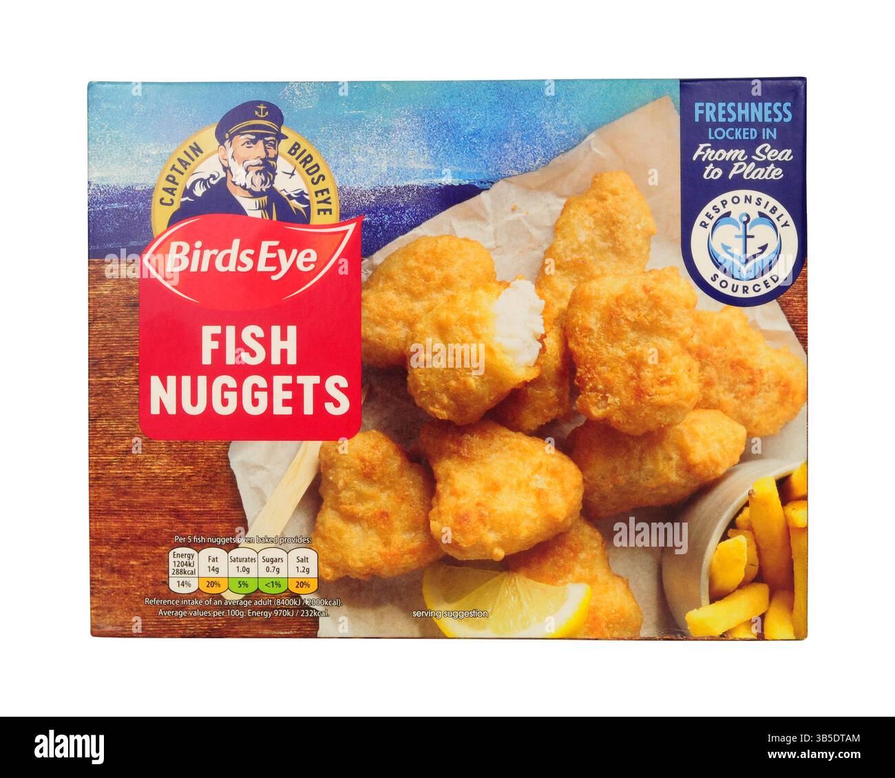 Pepite di pesce surgelate Birds Eye fatte con merluzzo dell'Alaska in una confezione da 490 g. Foto Stock