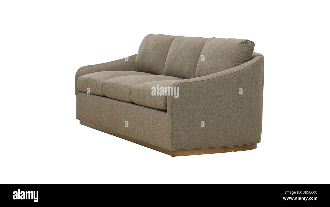 una foto in studio presenta un divano a tre posti rivestito in tessuto neutralizzato il design moderno è caratterizzato da comodi cuscini e un'estetica pulita, Foto Stock