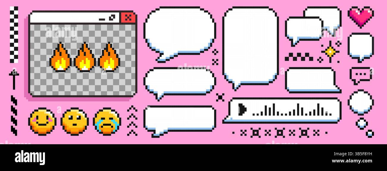 Set di bolle vocali pixel: Forme di chat in stile retrò a 8 bit e icone emoticon rosa. Caselle di testo quadrate, bolle di conversazione rotonde, fiamme, scintille e cuori. Graziosi elementi di interfaccia nostalgici anni '90 Illustrazione Vettoriale