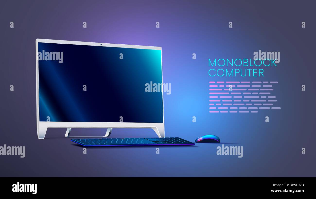 Computer monoblocco. Tastiera per computer monoblocco da ufficio, mouse sul tavolo in prospettiva. Il monitor del computer è spento. Modello pc desktop per b Illustrazione Vettoriale