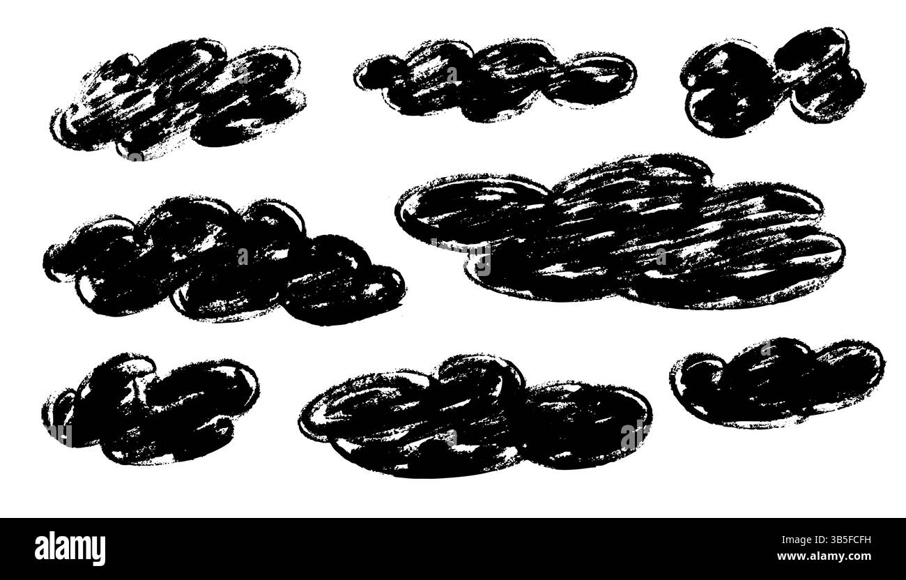 Nuvole disegnate a matita soffice nera in stile infantile. Naive icone del cielo doodle con consistenza di gesso pastello ruvido. Graziosa illustrazione vettoriale disegnata a mano per ki Illustrazione Vettoriale