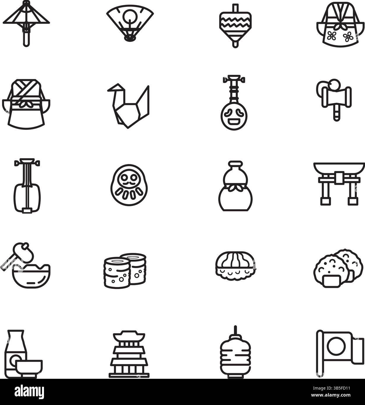 Japan Icons Set: Cultura, monumenti, cibo e simboli tradizionali Illustrazione Vettoriale