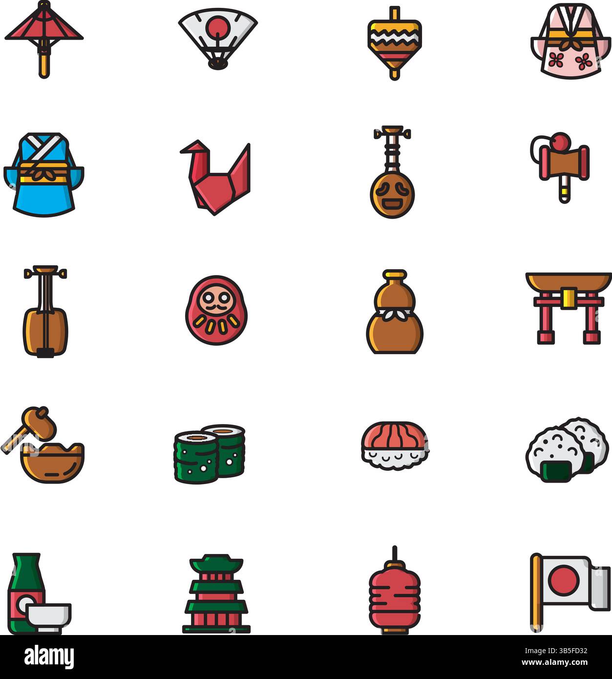 Japan Icons Set: Cultura, monumenti, cibo e simboli tradizionali Illustrazione Vettoriale