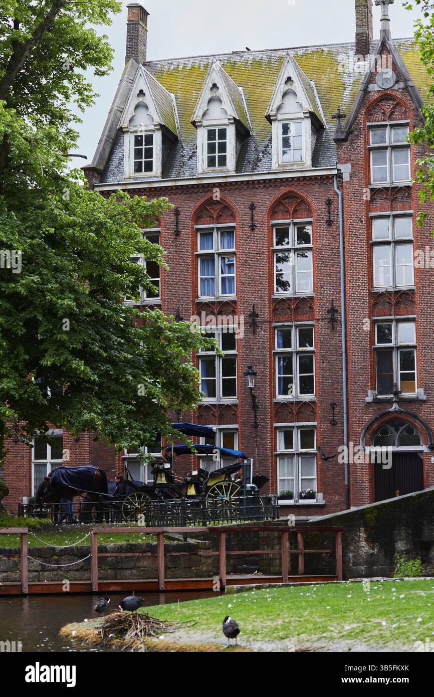 Edifici medievali a Bruges, Belgio. Carrozza trainata da cavalli. Città medievale. Patrimonio europeo. Foto Stock