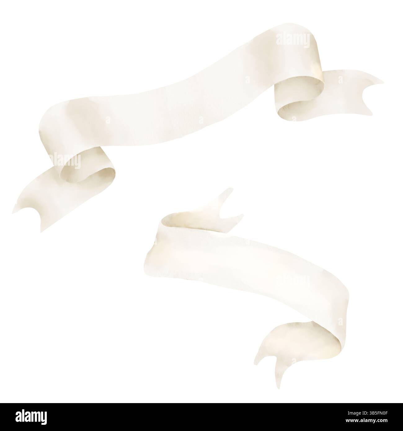 Un nastro in tonalità beige, un manoscritto vuoto per il testo. Illustrazione acquerello. Una serie di rotoli aperti, isolati su uno sfondo bianco. Età p Foto Stock