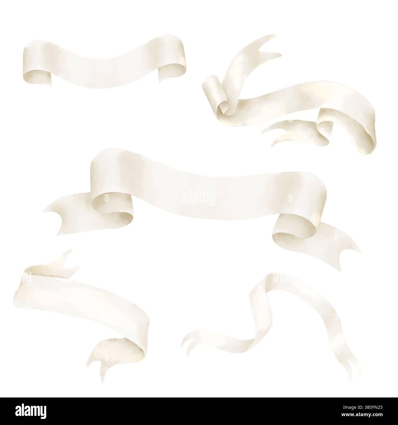 Un nastro in tonalità beige, un manoscritto vuoto per il testo. Illustrazione acquerello. Una serie di rotoli aperti, isolati su uno sfondo bianco. Età p Foto Stock