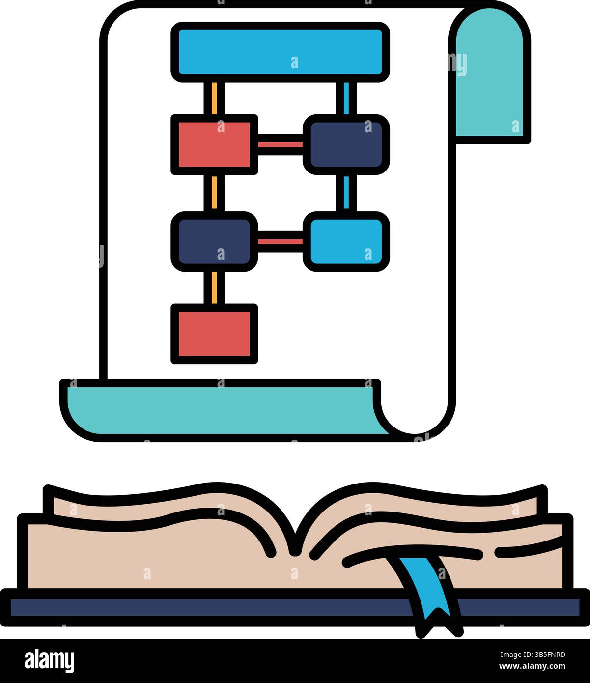 Un libro con un diagramma di un diagramma di flusso sulla pagina. Il diagramma è blu, rosso e verde Illustrazione Vettoriale