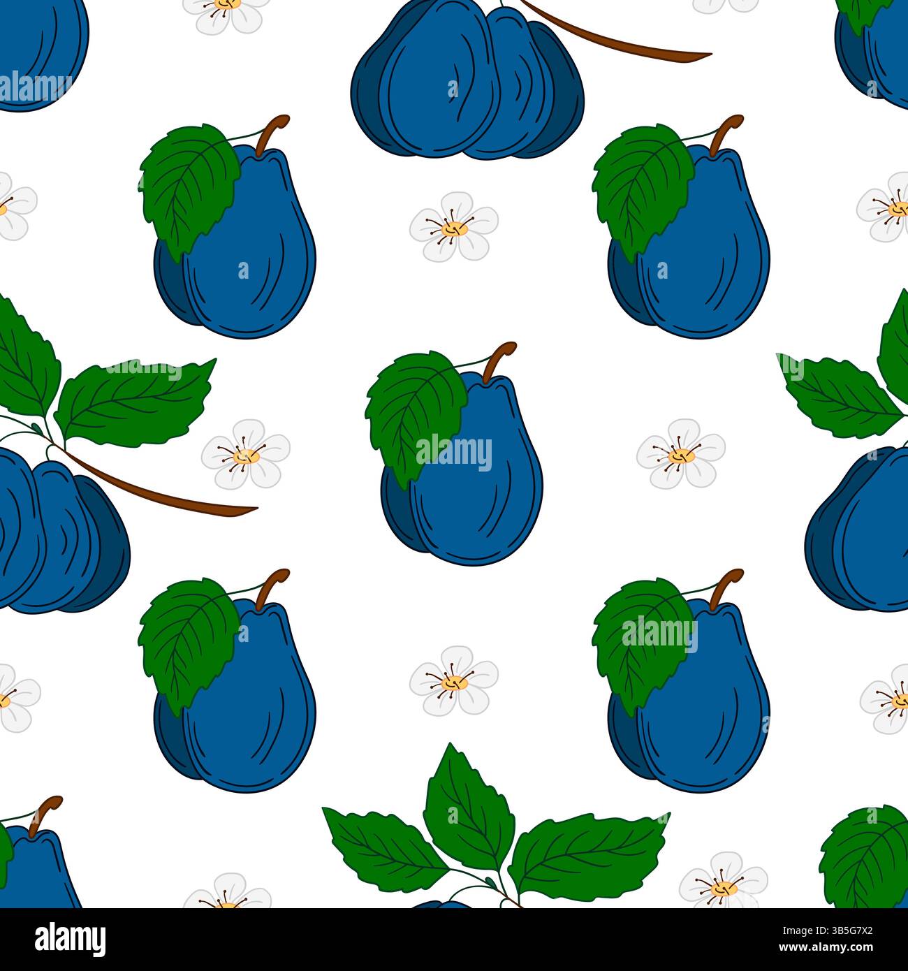 Modello per tessuti o cucine. Motivo di frutta senza cuciture in stile disegno a mano. Prugna. Stampa Illustrazione Vettoriale