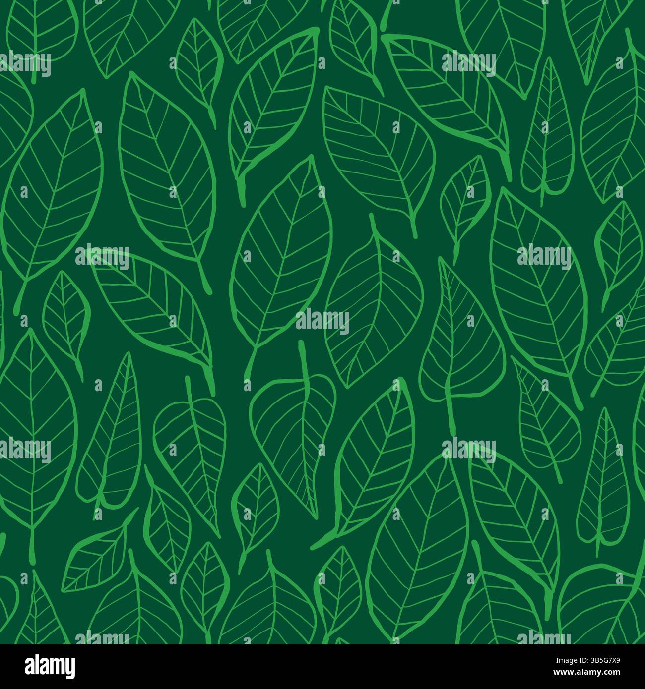 Motivo a foglia verde senza cuciture in stile contorno. Sfondo naturale con fogliame disegnato a mano. Eco line art lascia la texture. Carta da parati semplice e moderna. Illustrazione Vettoriale