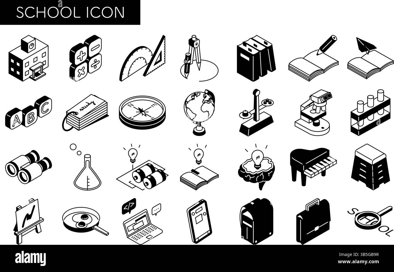Set di icone di disegno lineare semplice di scuola e studio, illustrazione isometrica, illustrazione vettoriale Illustrazione Vettoriale