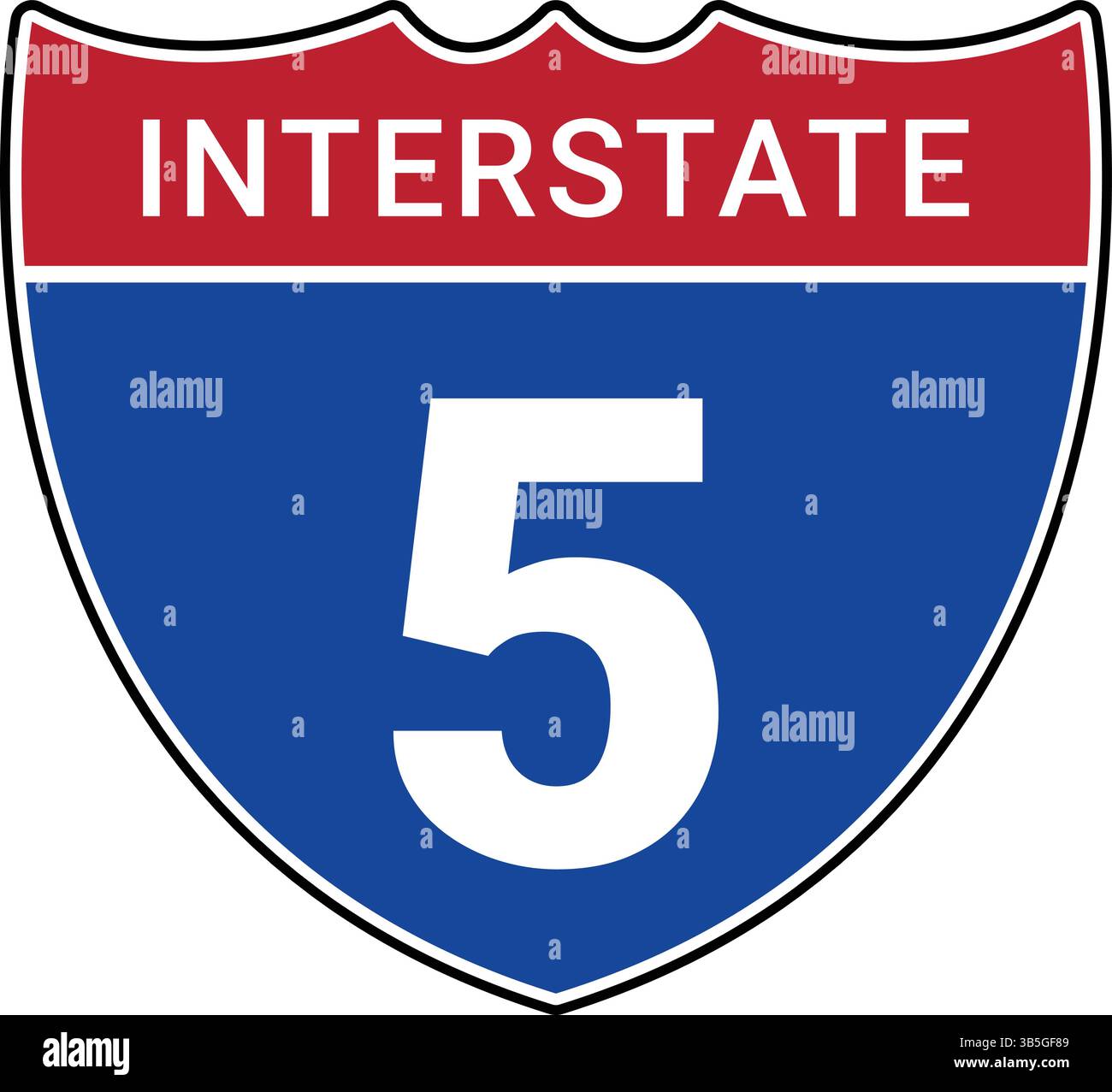 Segnaletica stradale blu e rossa con grande numero bianco 5 e la parola "INTERSTATE" in alto, utilizzata per la navigazione sul traffico e per la guida autostradale direzionale Illustrazione Vettoriale