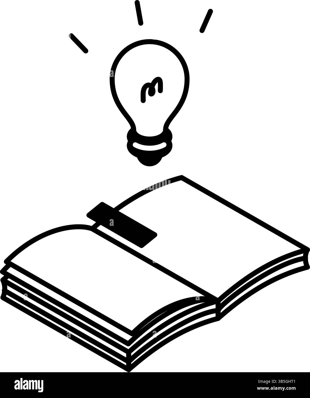 Immagine ispiratrice di un libro aperto e di una lampadina a incandescenza, semplice icona di disegno delle linee, illustrazione isometrica, illustrazione vettoriale Illustrazione Vettoriale
