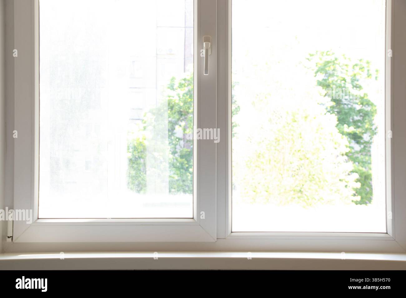 Giornata di sole fuori da una finestra metallica pulita in un appartamento con vista su alberi verdi, una finestra in un appartamento con luce solare Foto Stock
