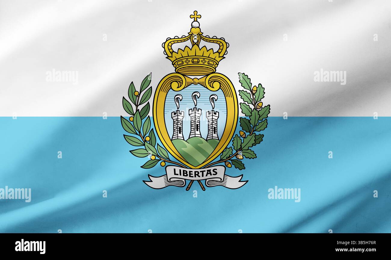 Dettaglio dello sfondo della bandiera di San Marino che occupa l'intera cornice con tessuto ondulato. Foto Stock