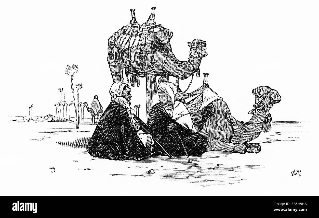 14 aprile 2022, Londra, Inghilterra, Regno Unito: ''Smoke Break'', viaggiatori nel deserto vicino al Cairo, illustrazione dal libro, ''From Pharaoh to Fellah'' di C.F. Moberly Bell con illustrazioni di Georges Montbard, incise da Charles Barbant, Wells Gardner, Darton, & Co., Londra, 1888 (immagine di credito: © JT Vintage/Glasshouse tramite ZUMA Press Wire) Foto Stock