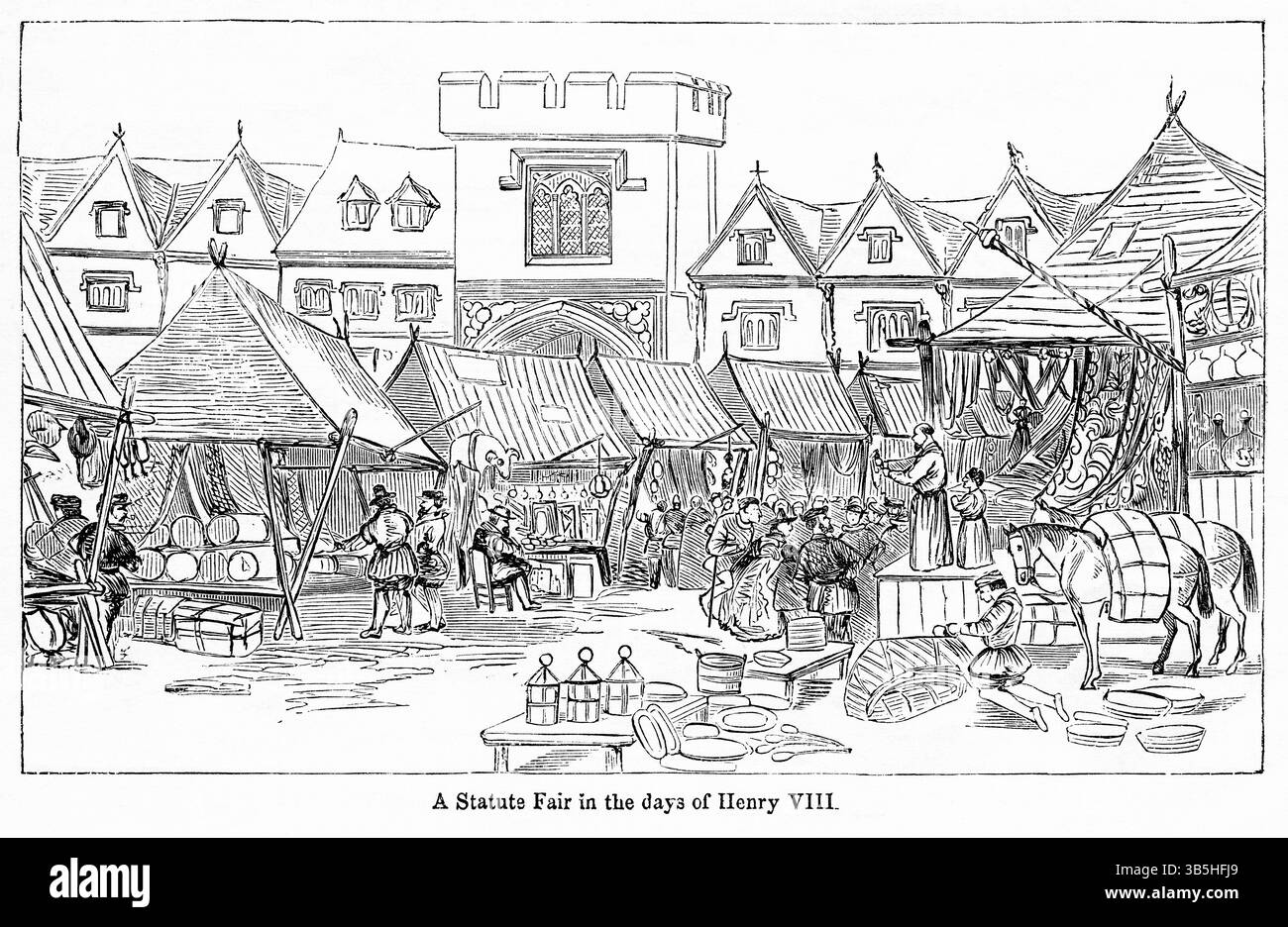 20 marzo 2022, Londra, Inghilterra, Regno Unito: A Statuto Fair in the Days of Enrico VIII, Illustration from the Book, ''John Casselâ€™s Illustrated History of England, volume II'', testo di William Howitt, Cassell, Petter e Galpin, Londra, 1858 (immagine di credito: © JT Vintage/Glasshouse tramite ZUMA Press Wire) Foto Stock