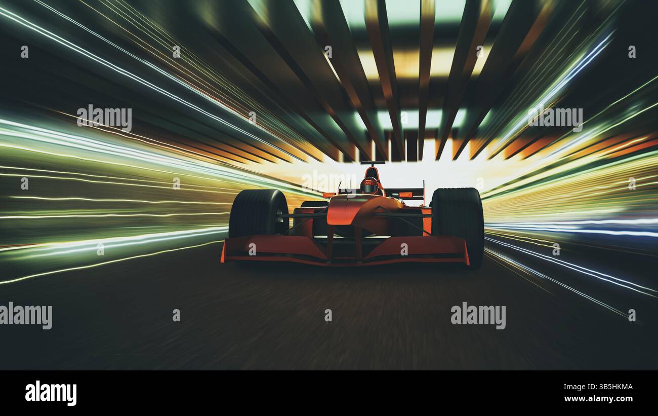 Auto da corsa sportiva guida veloce per ottenere il sogno del campione, la sfocatura del movimento e l'effetto di illuminazione. Rendering 3D e composizione di supporti misti Foto Stock