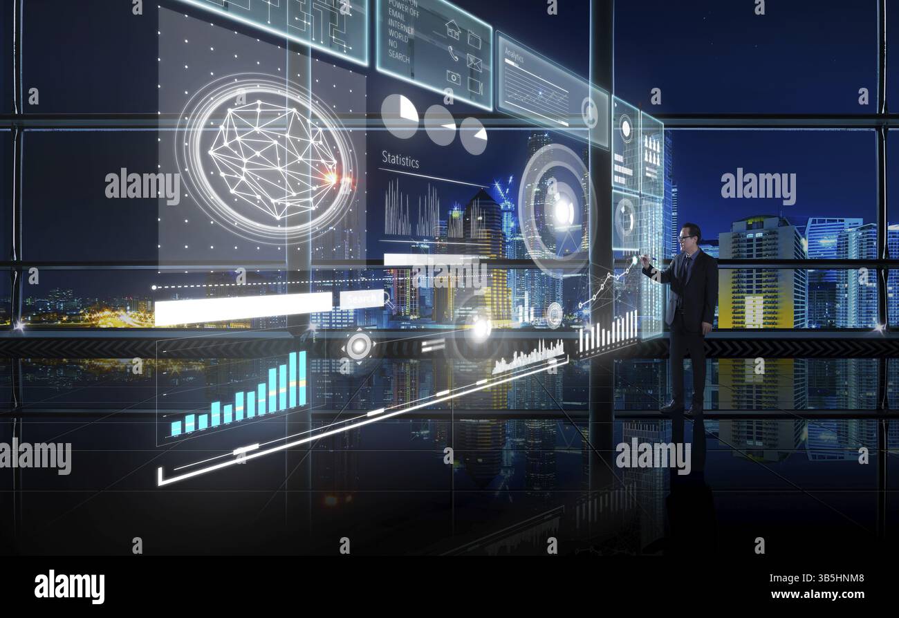 Analisi finanziaria intelligente che lavora in un ufficio moderno con big data, icona delle connessioni, Internet delle cose, grafici finanziari e schermo virtuale grafico Foto Stock