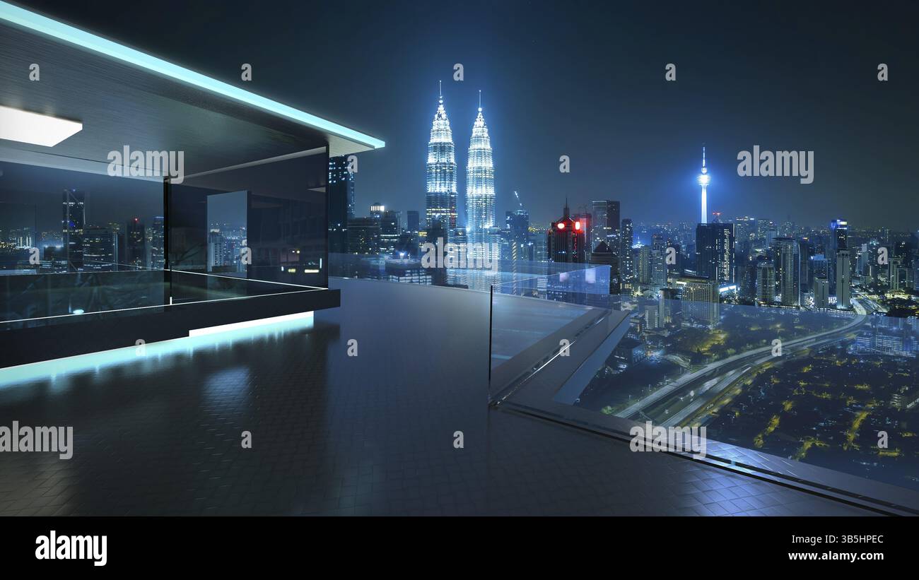 Rendering 3D di un moderno balcone in vetro con skyline di kuala lumpur sfondo fotografico reale, scena notturna. Supporti misti Foto Stock