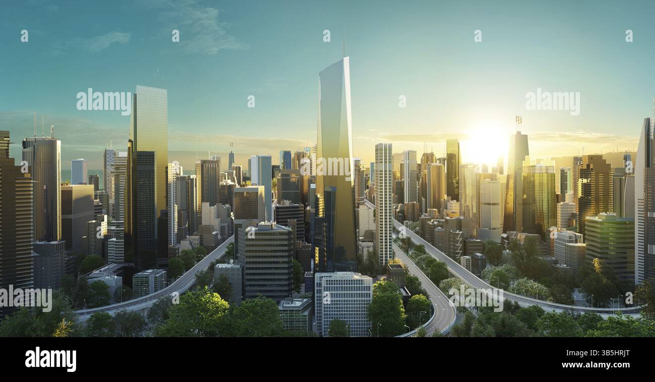 Design virtuale moderno skyline urbano con strada tortuosa a vista splendida alba scena. 3d rendering Foto Stock