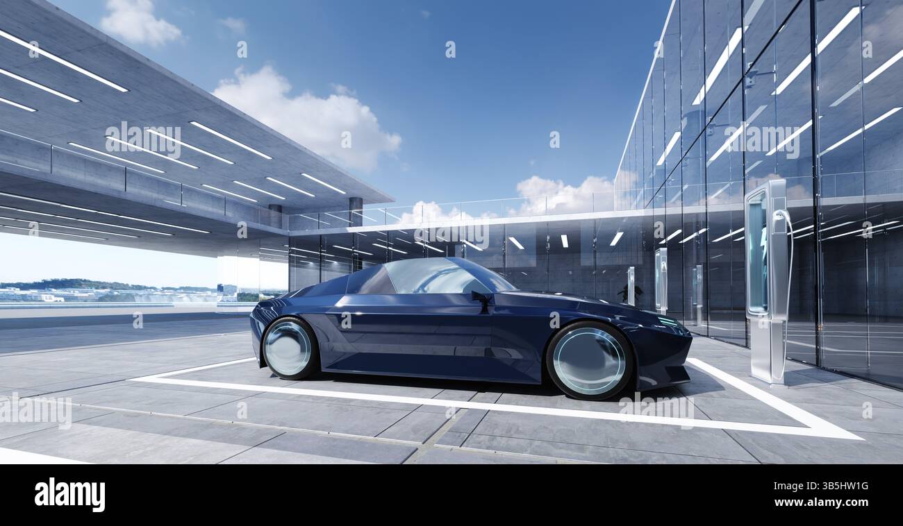 Elegante ricarica di auto sportive elettriche in una stazione futuristica, che mette in mostra innovazione e trasporti sostenibili in un ambiente urbano moderno. Rendering 3D. Foto Stock