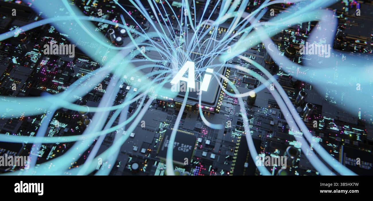 Scheda a circuito stampato con tecnologia intelligente con intelligenza artificiale e design estetico di linee a onda complesse, concetto di tecnologia di connessione big data. rendering 3d. Foto Stock