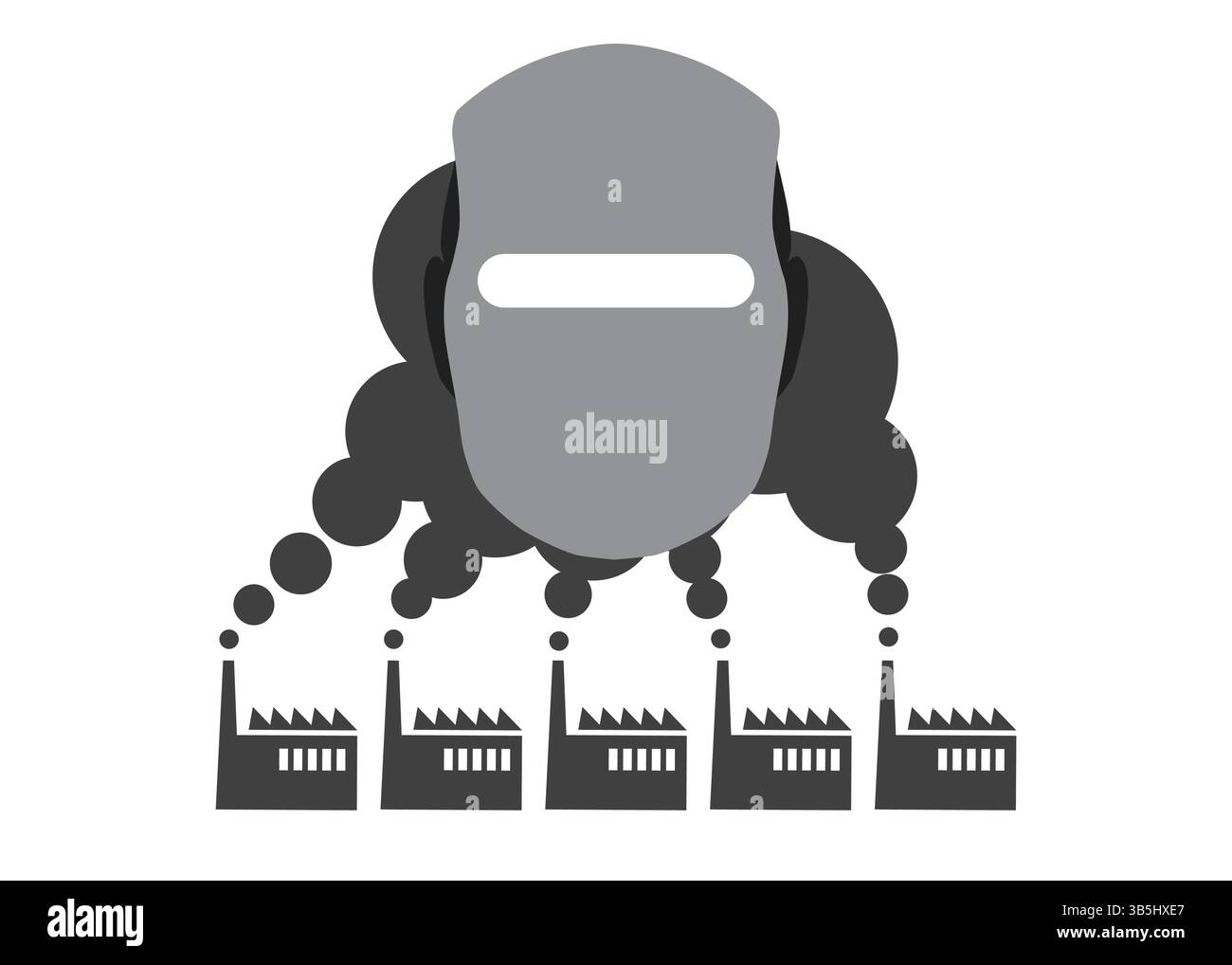 L'illustrazione in bianco e nero mostra un robot davanti a più centrali a carbone. Il fumo denso proveniente dai camini si alza e ingloba il robot Illustrazione Vettoriale