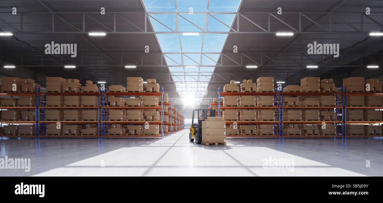 Carrello elevatore per la preparazione dei prodotti per la spedizione. Concetto di distribuzione del magazzino. rendering 3d. Foto Stock