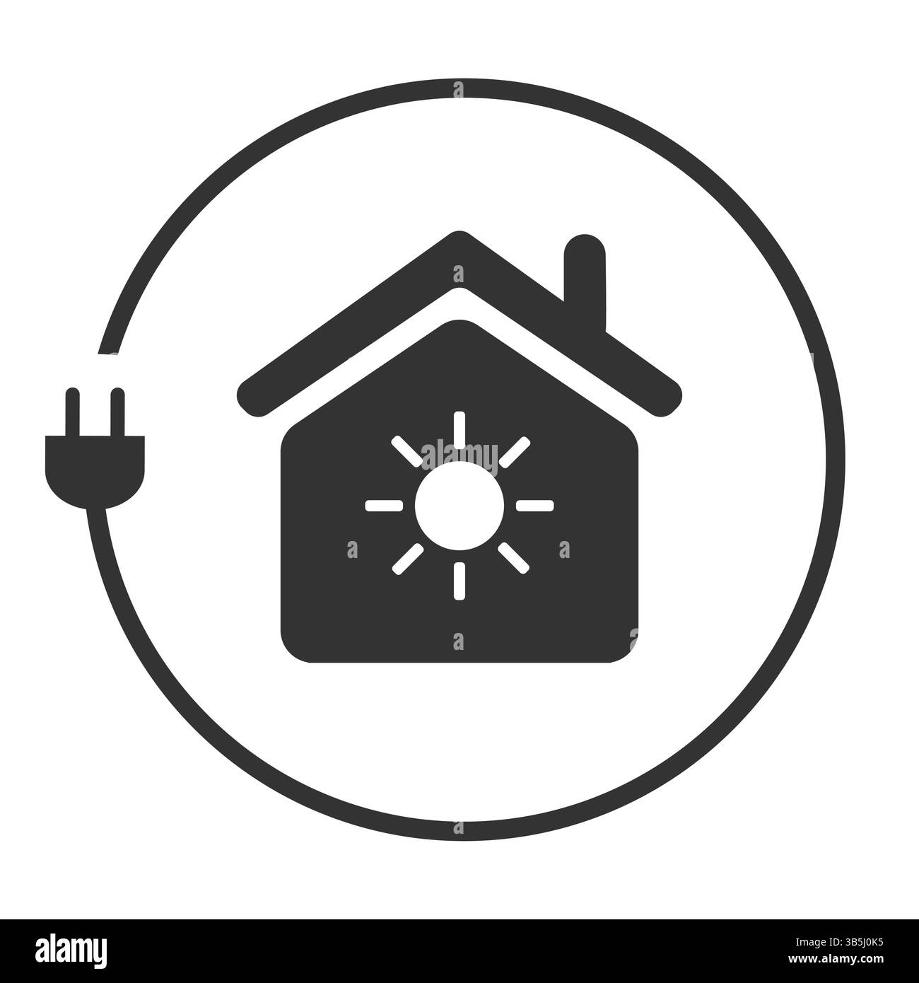Lotta contro il cambiamento climatico, uso di energia rinnovabile a casa - Concept Design con cavo elettrico e Sun Inside a House Symbol su sfondo bianco - CR Illustrazione Vettoriale