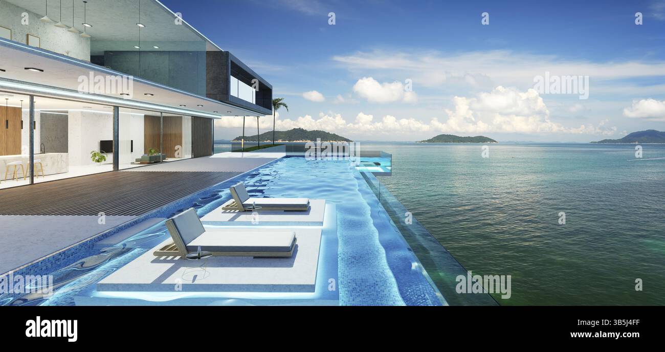L'esterno di una villa di lusso presenta una splendida vista sul mare presso la piscina Infinity. 3d rendering Foto Stock