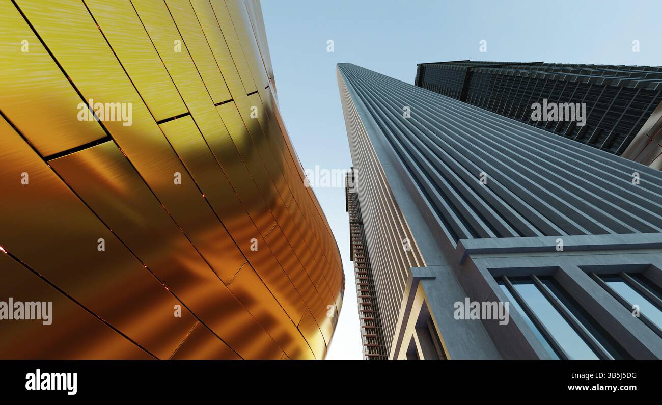 Vista ad angolo basso degli edifici dal design moderno a forma di curva con pareti in acciaio dorato. 3d rendering Foto Stock