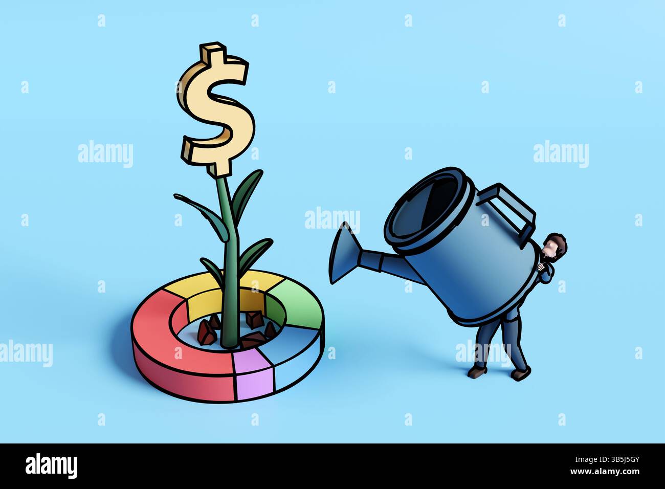 Il personaggio maschile dei cartoni animati ha un giardino alto quanto lui e una pianta da irrigazione con un simbolo del dollaro in cima e al centro di un grafico a torta Foto Stock