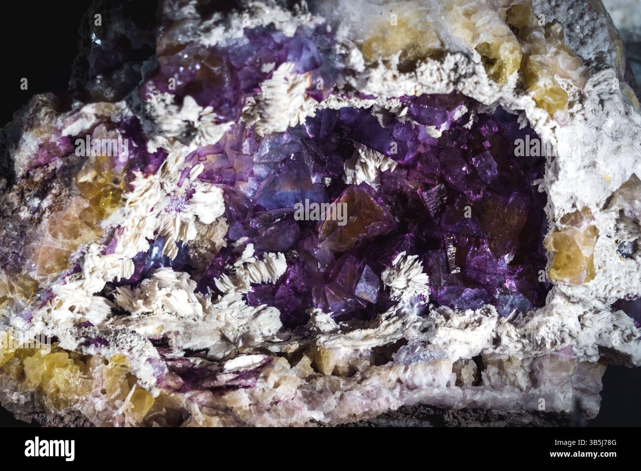 Un'incantevole miscela di fluorite viola e delicate formazioni bianche, questa tasca in cristallo rivela un mondo di vivida bellezza scolpita in profondità Foto Stock