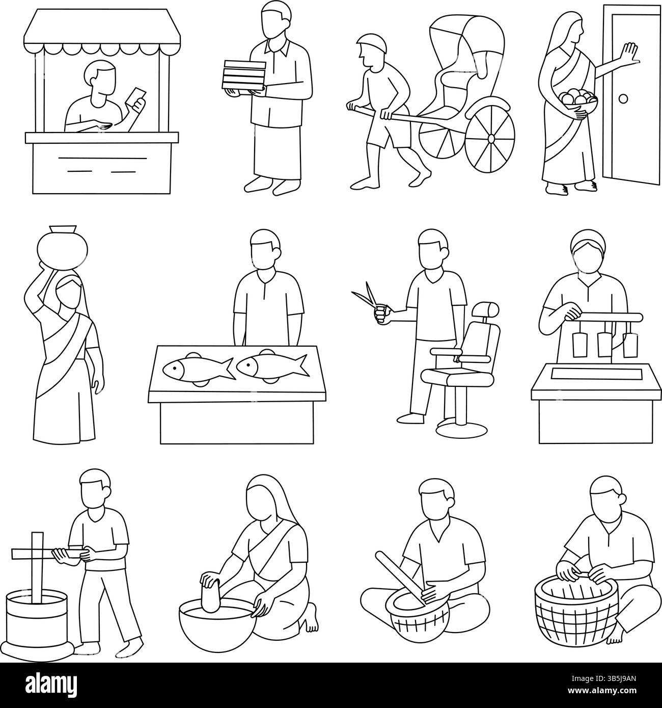 Icone di arte della linea di lavori del villaggio indiano - Set di illustrazioni vettoriali Illustrazione Vettoriale