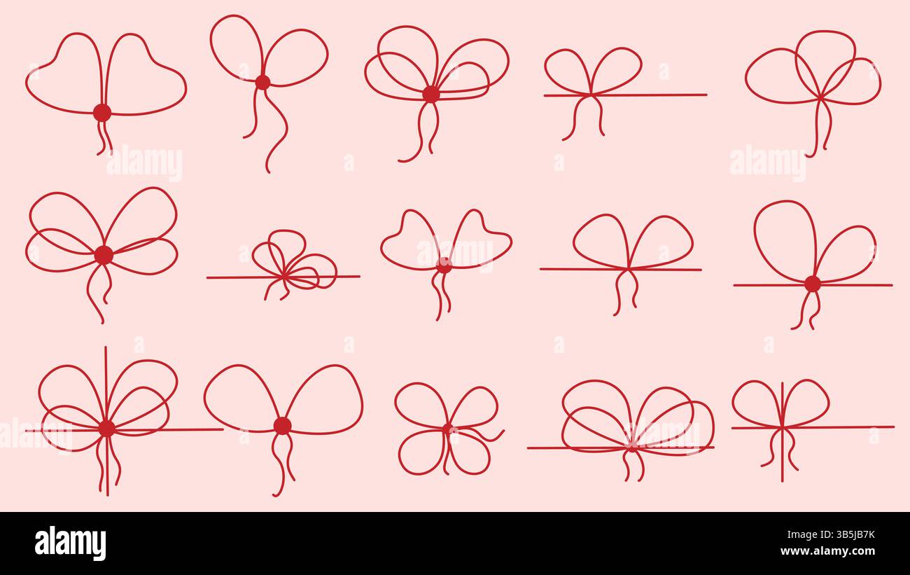 Legato in un set di funi sottili rosse di prua. Elemento della confezione natalizia di una scatola o di un regalo. Linea semplice, spago ad arco legato, grafica vettoriale Illustrazione Vettoriale