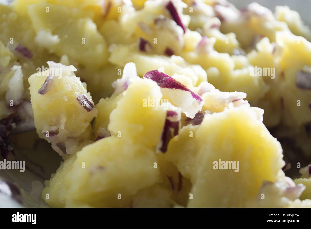 Insalata di patate con cipolle (messa a fuoco selettiva, metti a fuoco un terzo nel recipiente) Foto Stock