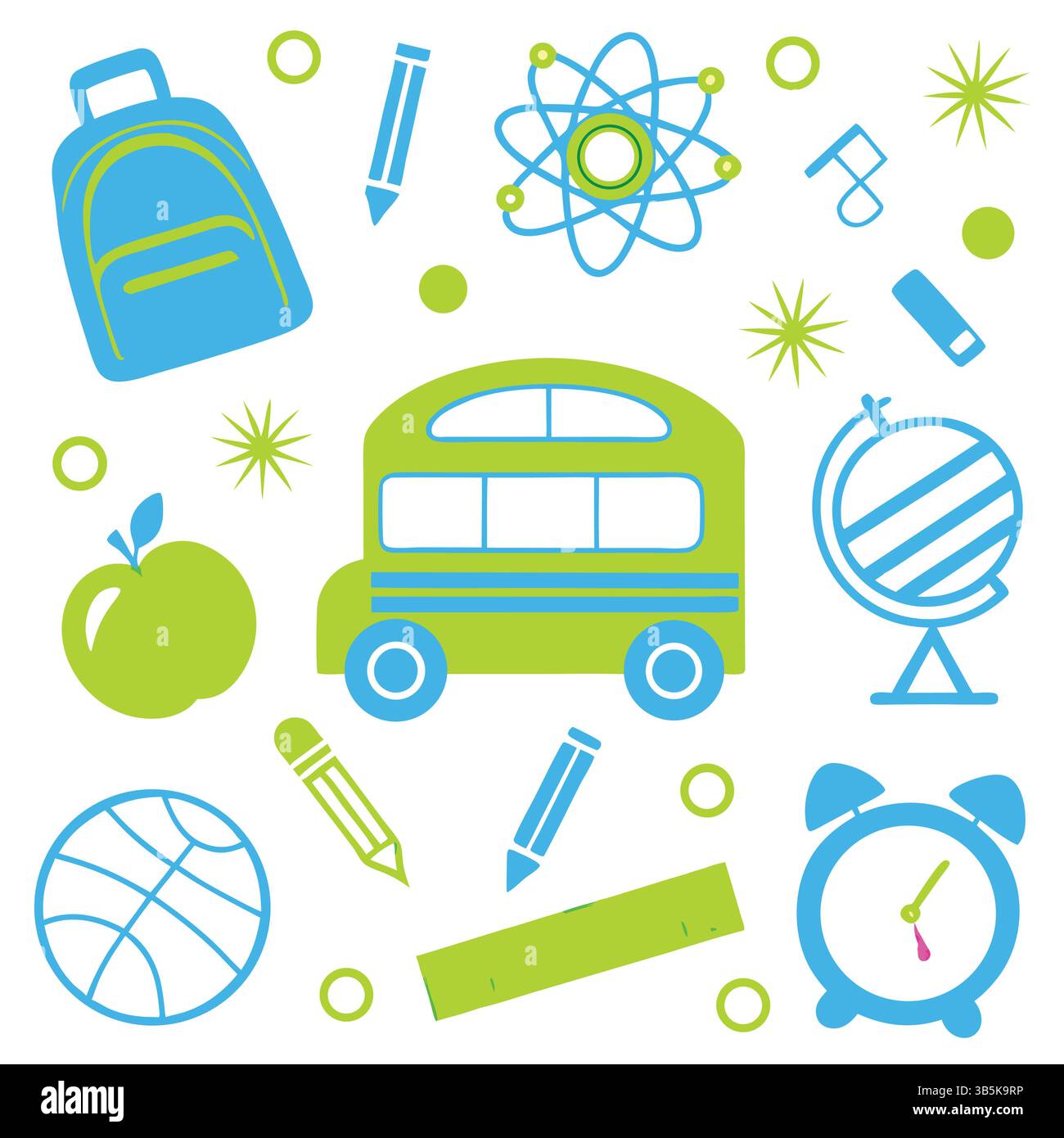 Forniture per la scuola illustrazione colorata: Globo, autobus, orologio, matite Illustrazione Vettoriale